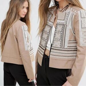Anthropologie MoonRiver Embroidered Studded Western Aztec Boho Jacket Tan Medium